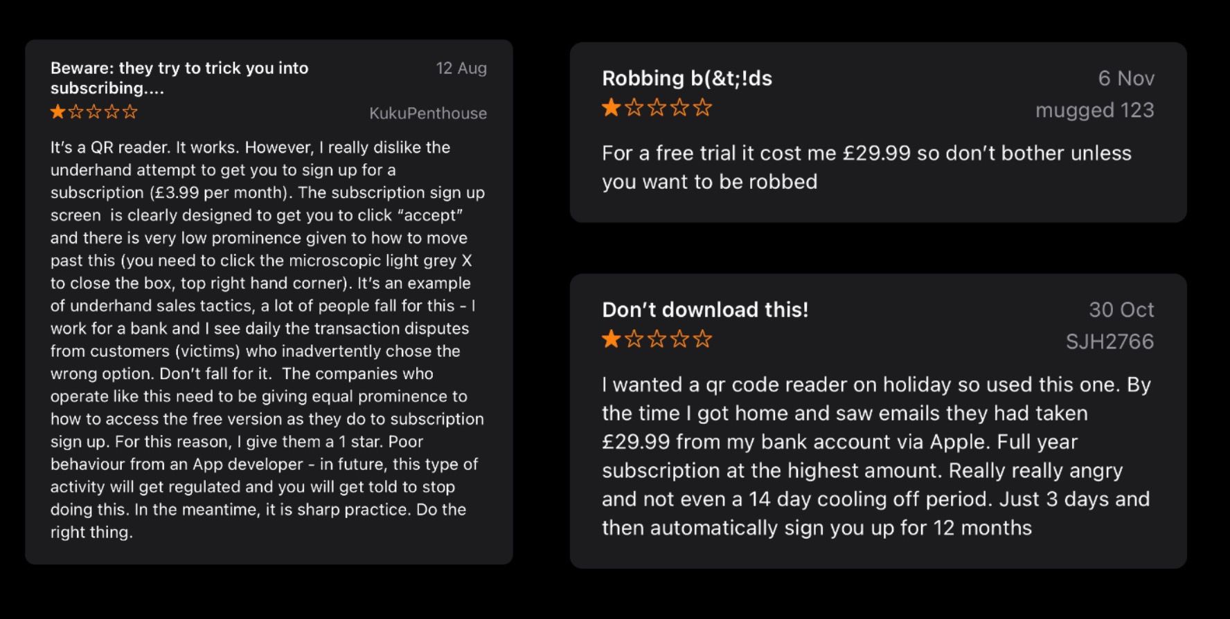 Recent reviews for a scam QR code reader that currently charges £29.99 a year after a 3 day trial